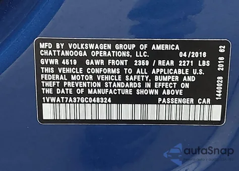 2016 Volkswagen Passat 1.8T S из США, поврежденный, VIN 1VWAT7A37GC048324